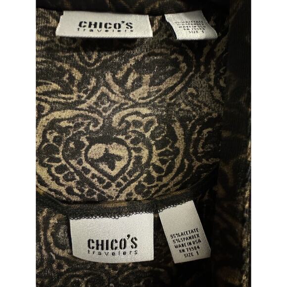 Chicos Travelers Cardigan Tank Set Sz 1 Brown Black Damask Broken Button - Picture 5 of 8